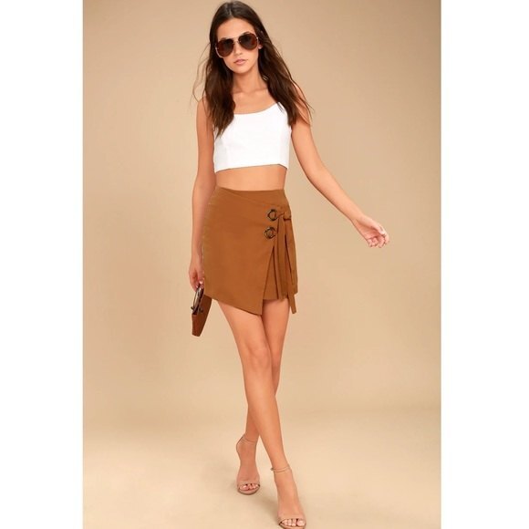 J.O.A. Modern Masterpiece Light Brown Wrap Side Tie Grommet Mini Skirt Lulu’s XS - Picture 2 of 6